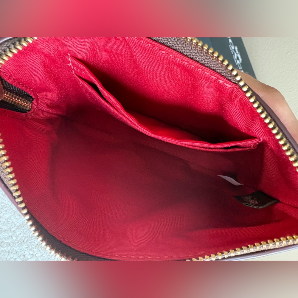 NEW COACH Signature Coated Canvas with Leather Strap Brown and Red Wristlet - Picture 7 of 8